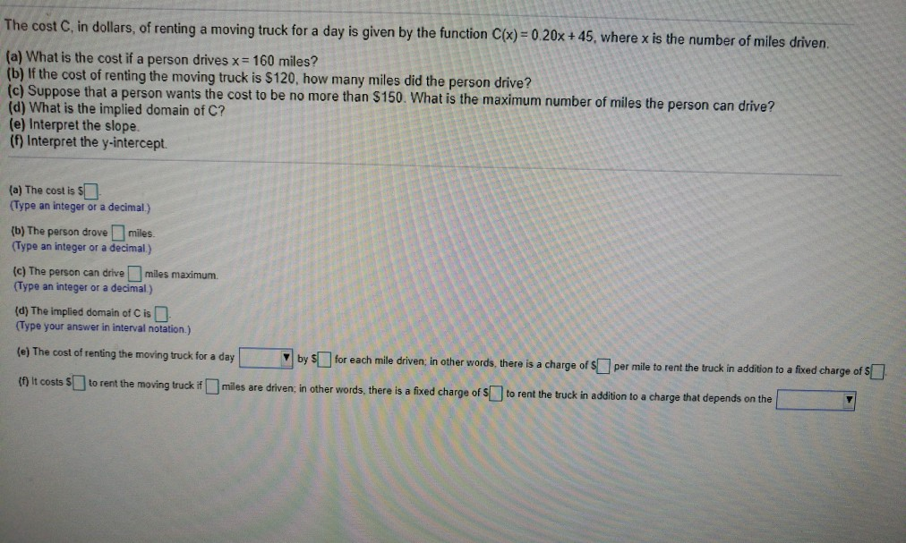 Solved The cost C, in dollars, of renting a moving truck for