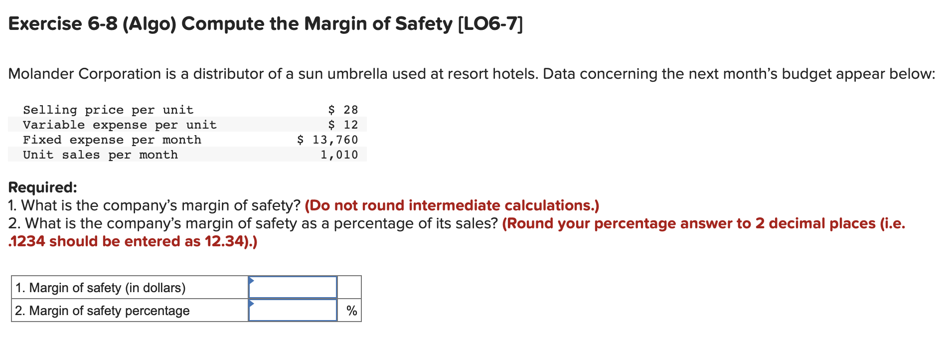 Solved Exercise 6-8 (Algo) Compute the Margin of Safety | Chegg.com