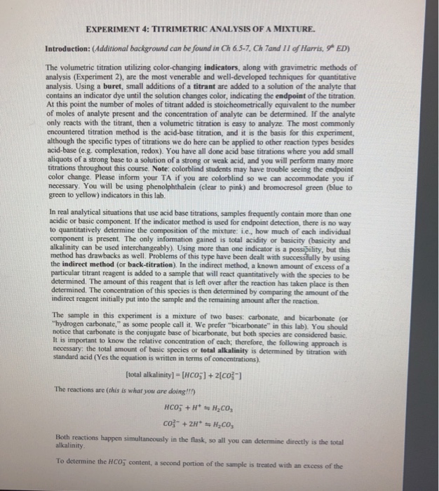 Solved EXPERIMENT 4 TITRIMETRIC ANALYSIS OF A MIXTURE