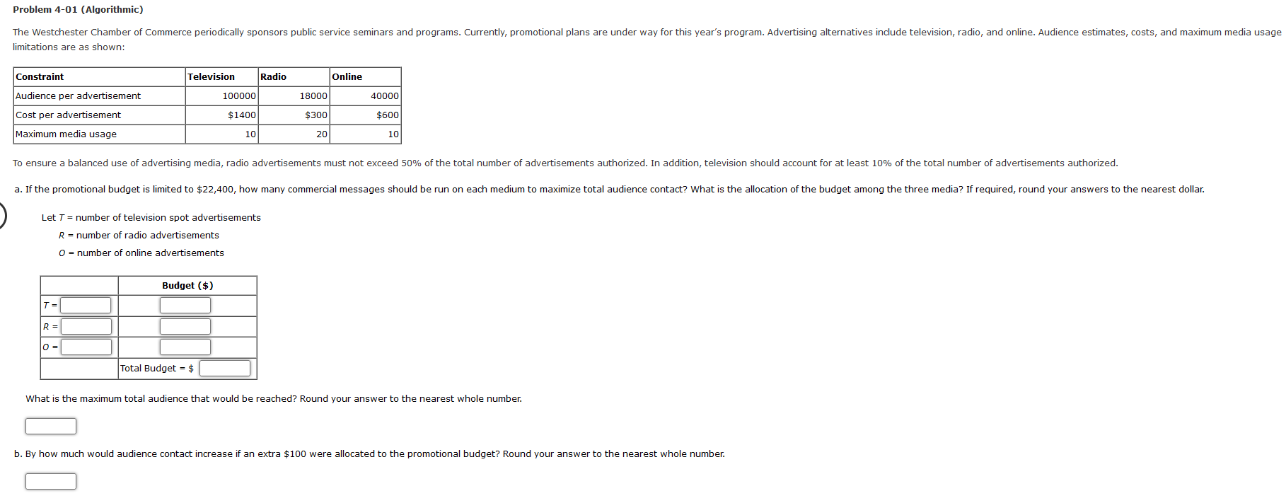Solved Let T= number of television spot advertisements R= | Chegg.com