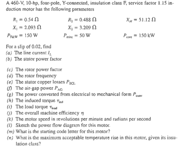 Solved A 460 V 10 Hp Four Pole Y Connected Insulation Chegg Com