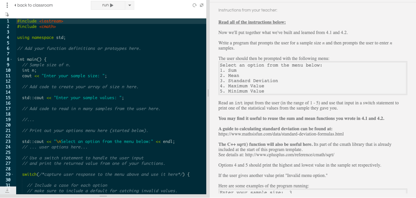 Solved back to classroom run Instructions from your teacher: | Chegg.com