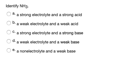 Solved Identify NH3. a. a strong electrolyte and a strong | Chegg.com