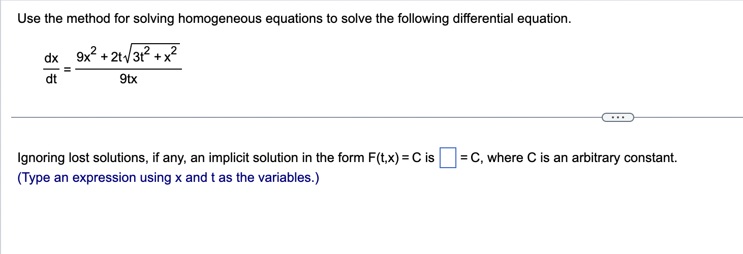 Use the method for solving homogeneous equations to solve the following differential equation.
\[
\frac{d x}{d t}=\frac{9 x^{