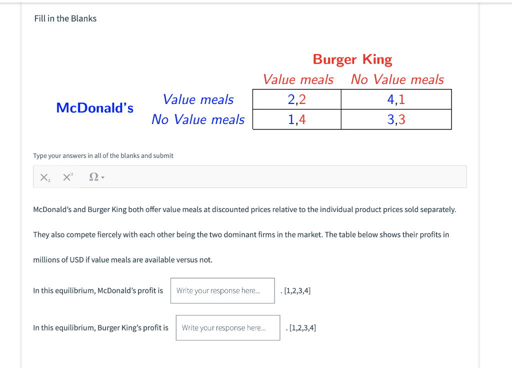 Solved Fill in the Blanks Burger King Value meals No Value