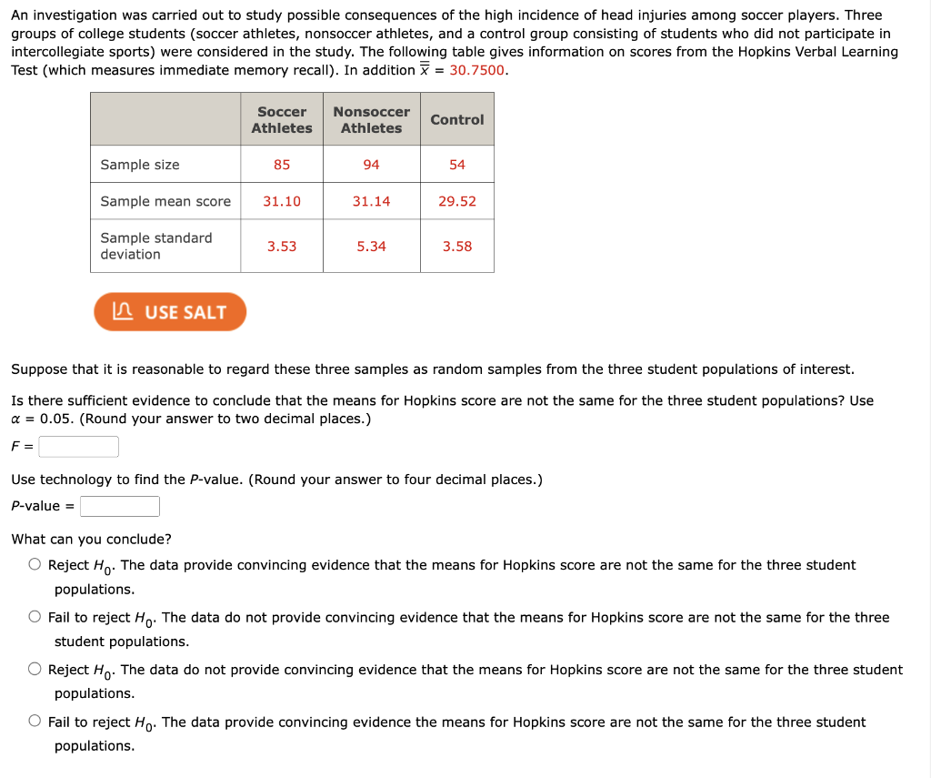 Solved An investigation was carried out to study possible | Chegg.com