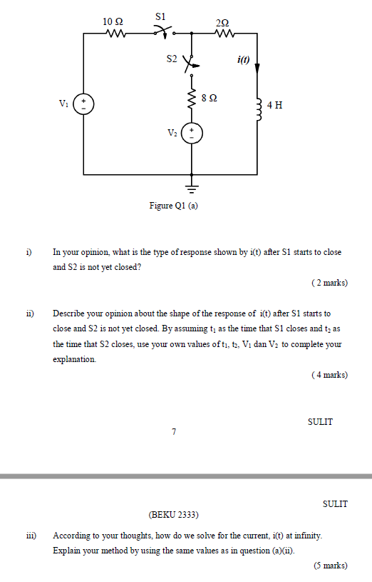 S1 10 22 222 s2 i?t) 82 v. 4h v2 figure q1 (a) 1) in your opinion, what is the type of response shown by i(t) after s1 starts