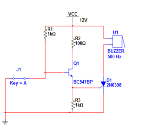 Solved VCC 12V R1 U1 10 SR2 1000 BUZZER 500 Hz Q1 J1 Key-A | Chegg.com