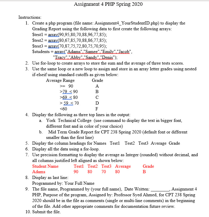 Assignment 4 PHP Spring 2020 Instructions: 1. Create | Chegg.com