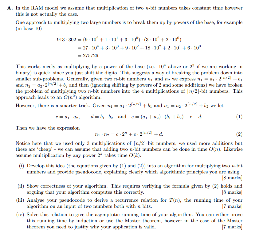 Solved In the RAM model we assume that multiplication of two | Chegg.com