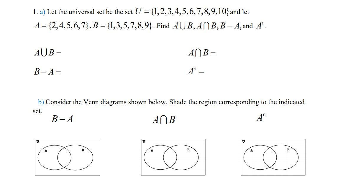 Solved 1 A Let The Universal Set Be The Set U