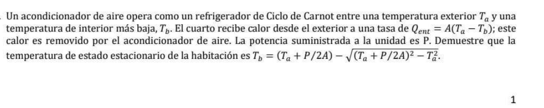 Un acondicionador de aire opera como un refrigerador de Ciclo de Carnot entre una temperatura exterior \( T_{a} \) y una temp