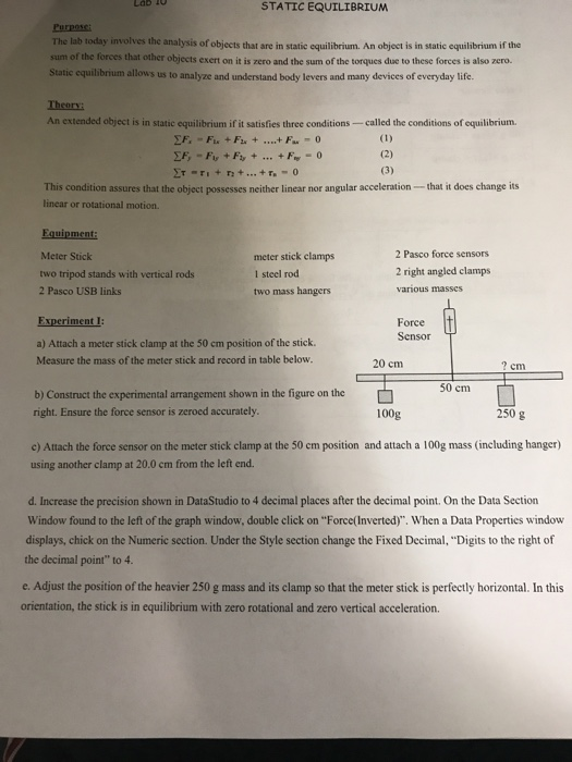 Solved STATIC EQUILIBRIUM Purposci The lab today involves | Chegg.com