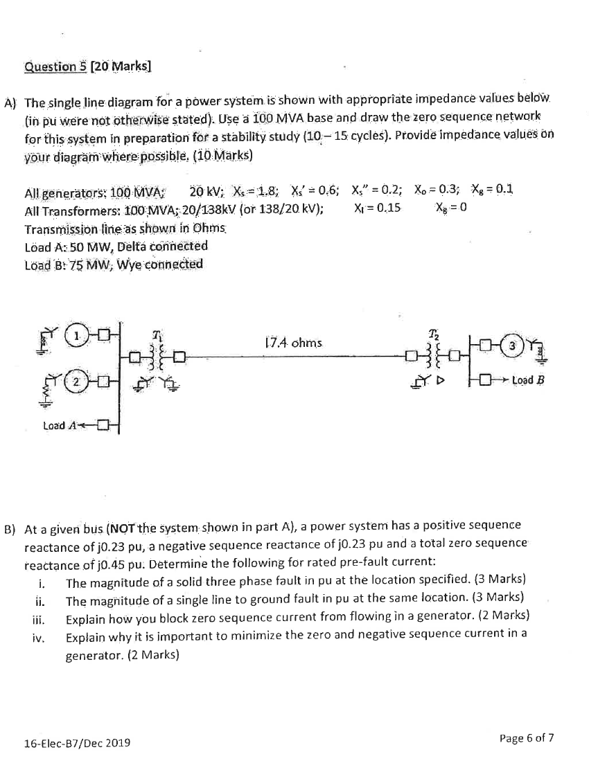 Question 5 (20 Marks) A) The single line diagram for | Chegg.com