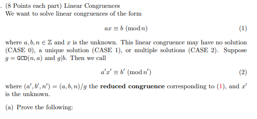 . (8 Points each part) Linear Congruences We want to | Chegg.com