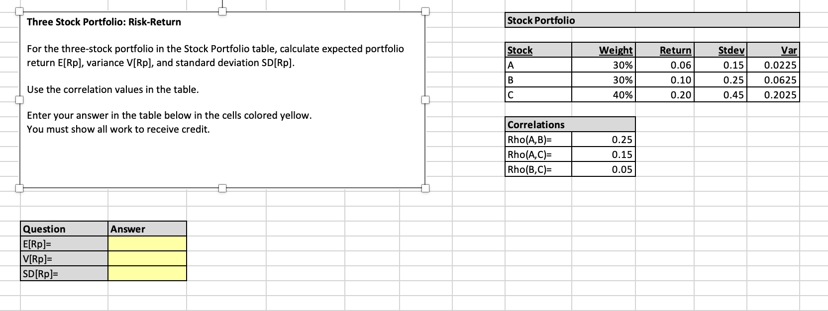 Solved Three Stock Portfolio: Risk-Return For the | Chegg.com