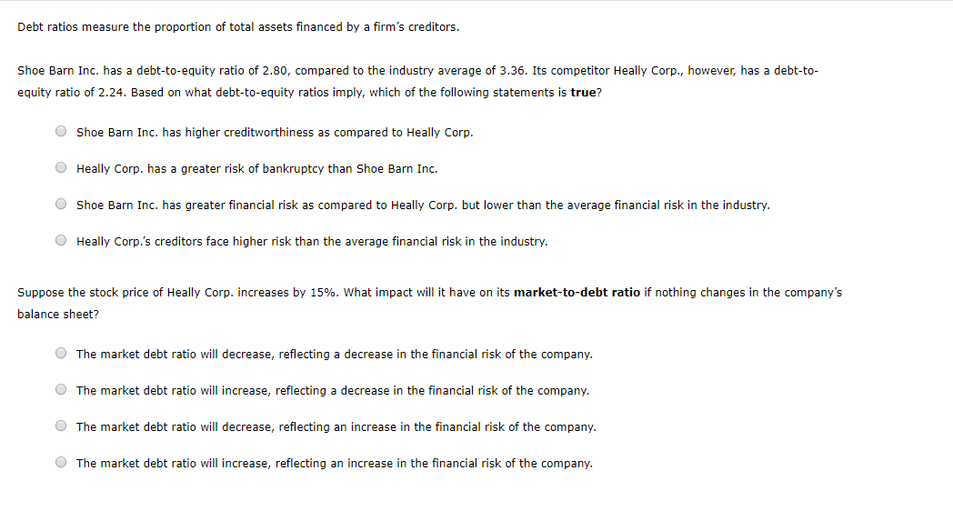 Debt ratios measure the proportion of total assets financed by a firms creditors. shoe barn inc. has a debt-to-equity ratio