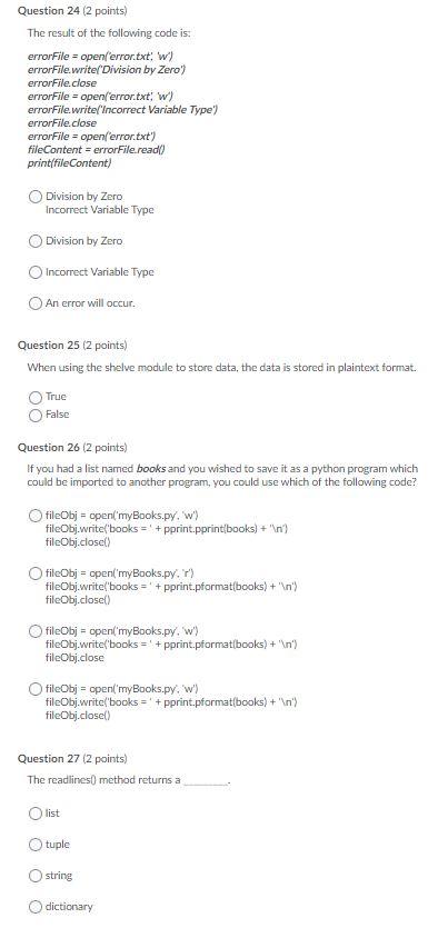 Solved Question 1 (2 points) Python variable names can only | Chegg.com