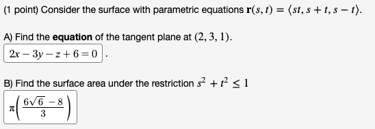 Solved 1 Point Consider The Surface With Parametric 