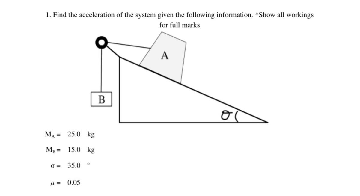 Solved 1. Find the acceleration of the system given the | Chegg.com