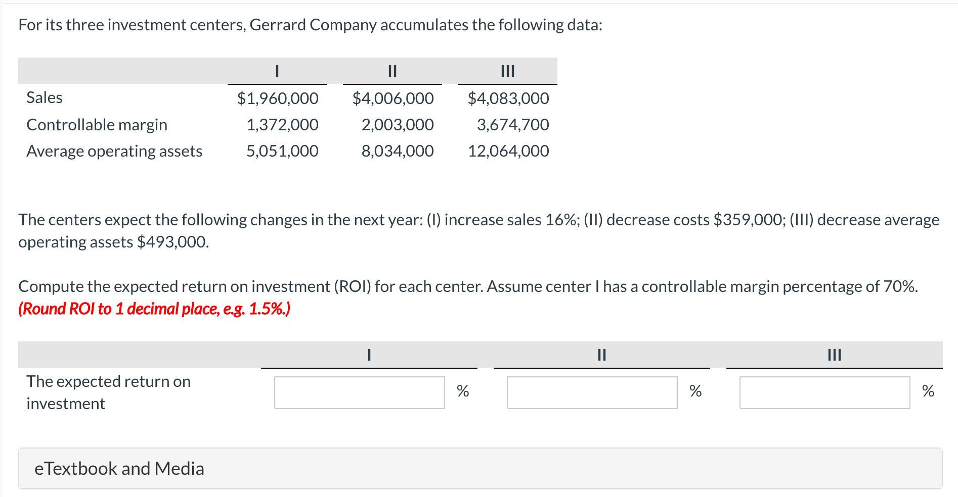 Solved For its three investment centers, Gerrard Company
