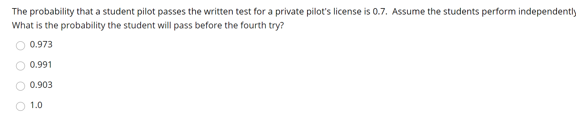 Solved The probability that a student pilot passes the | Chegg.com