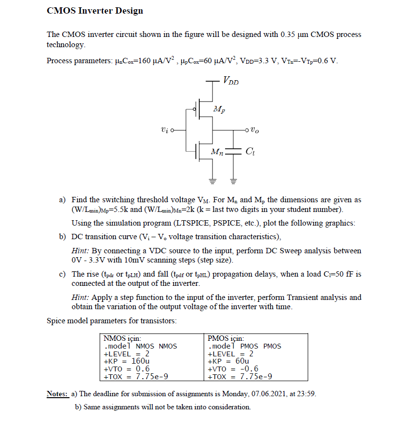 Solved CMOS Inverter Design The CMOS inverter circuit shown | Chegg.com