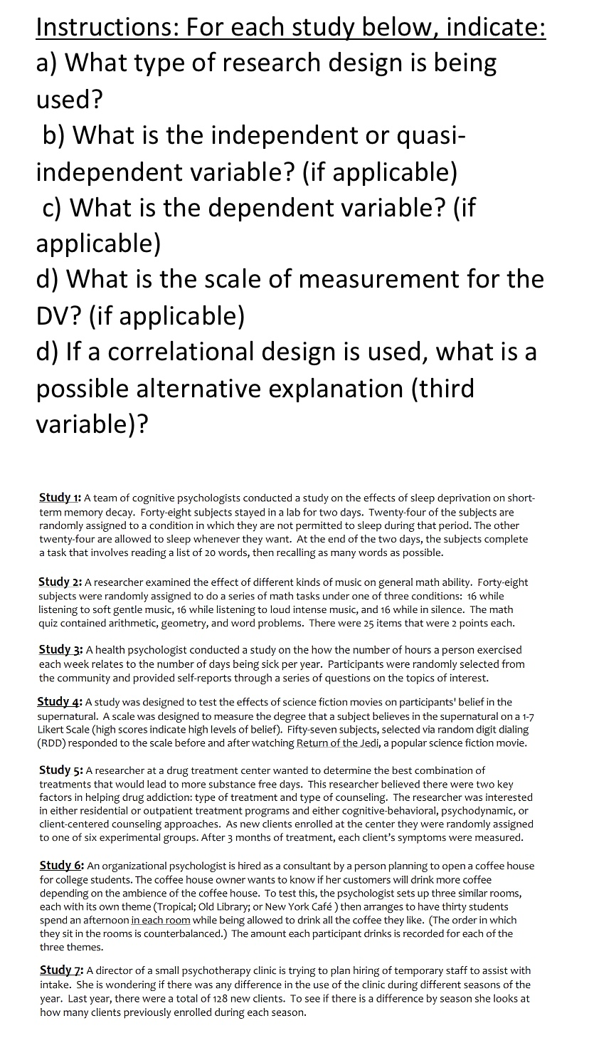 Solved Instructions: For Each Study Below, Indicate: A) What | Chegg.com