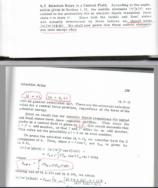 4.5 Selection Rules in a Central Field. According to the explanation given in Section 1. 12, the matrix elements \( \left\lan