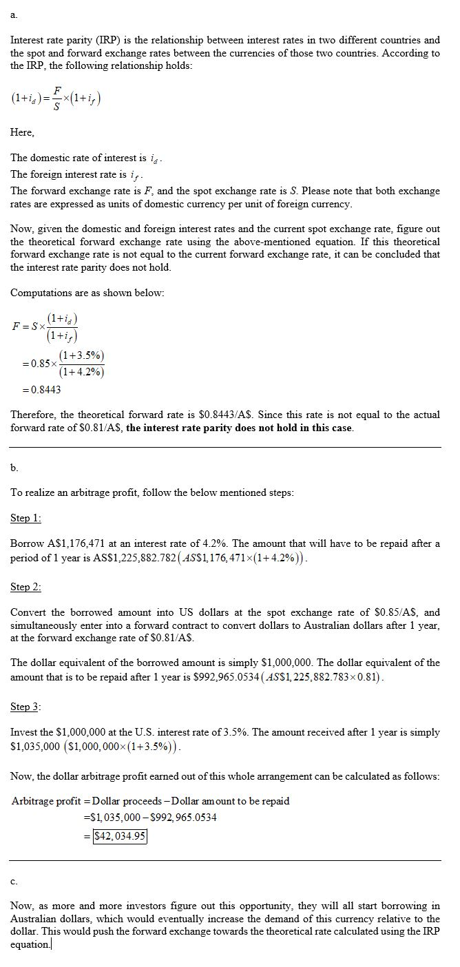 Interest rate parity (IRP) is the relationship between interest rates in two different countries and the spot and forward exc