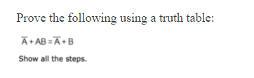 Solved Prove the following using a truth table: Ā+ AB=A+B | Chegg.com