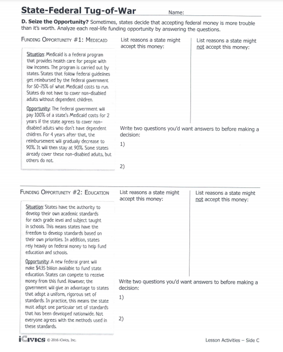 State Federal Tug Of War Worksheet Answers Key