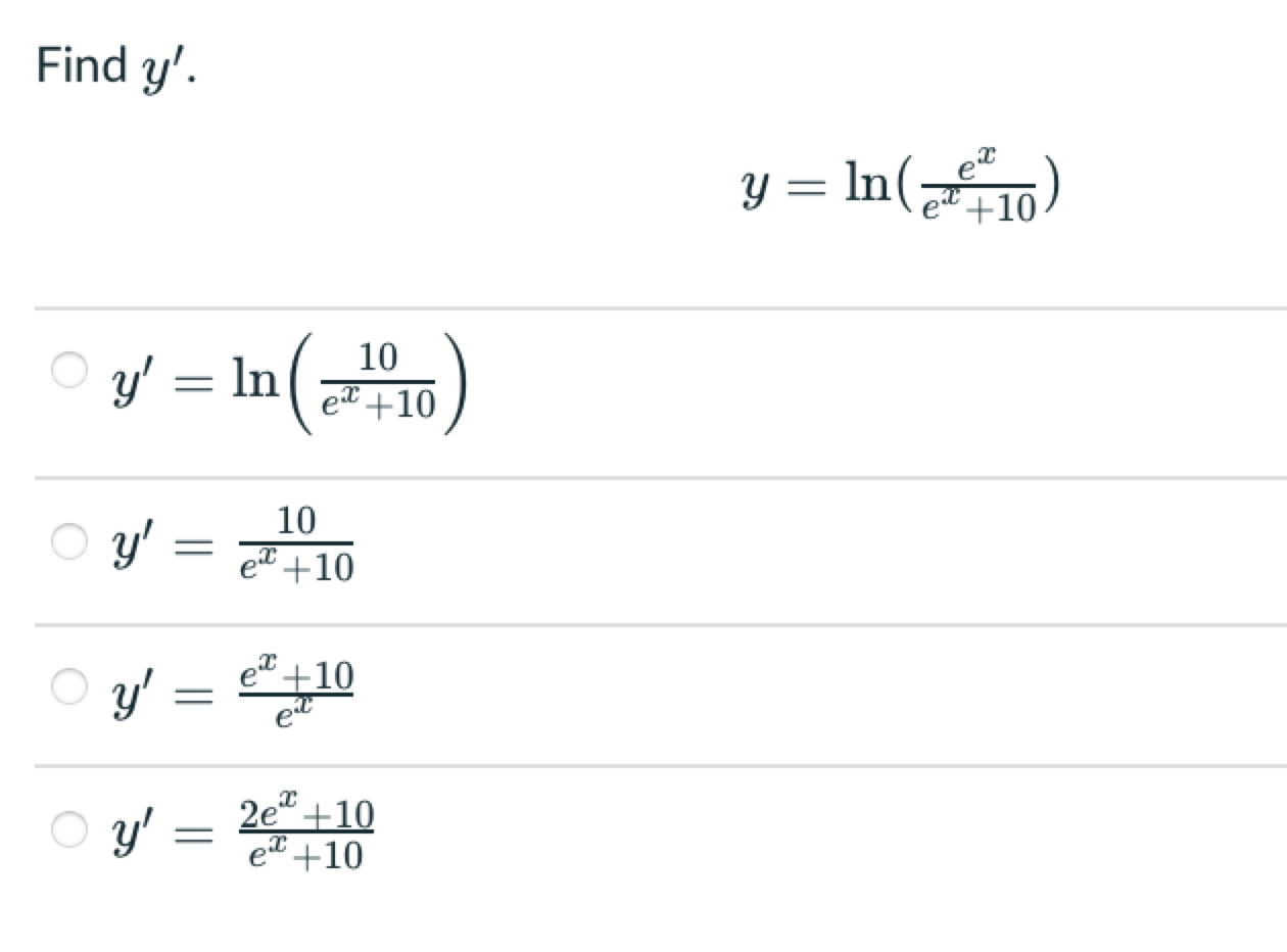 Find \( y^{\prime} \) \[ y=\ln \left(\frac{e^{x}}{e^{x}+10}\right) \] \[ \begin{array}{l} y^{\prime}=\ln \left(\frac{10}{e^{x