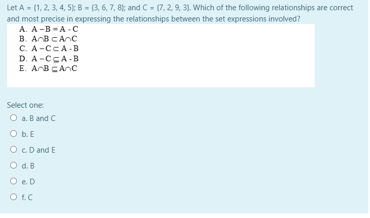 Solved Let A = {1, 2, 3, 4, 5}; B = {3, 6, 7, 8}; And C = | Chegg.com