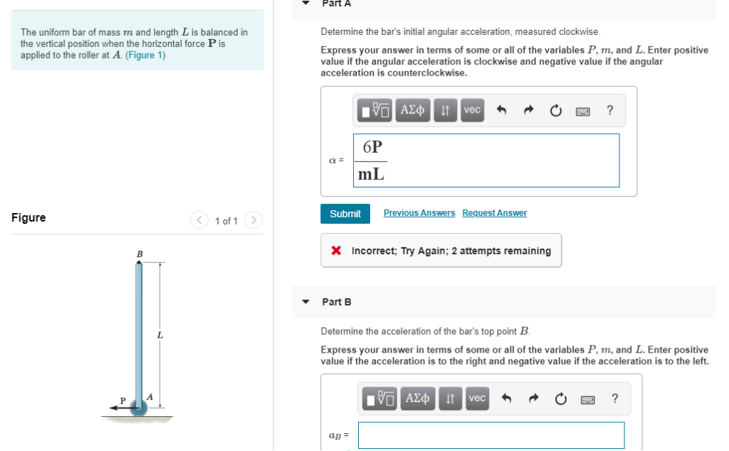Solved Part A The uniform bar of mass m and length L is | Chegg.com