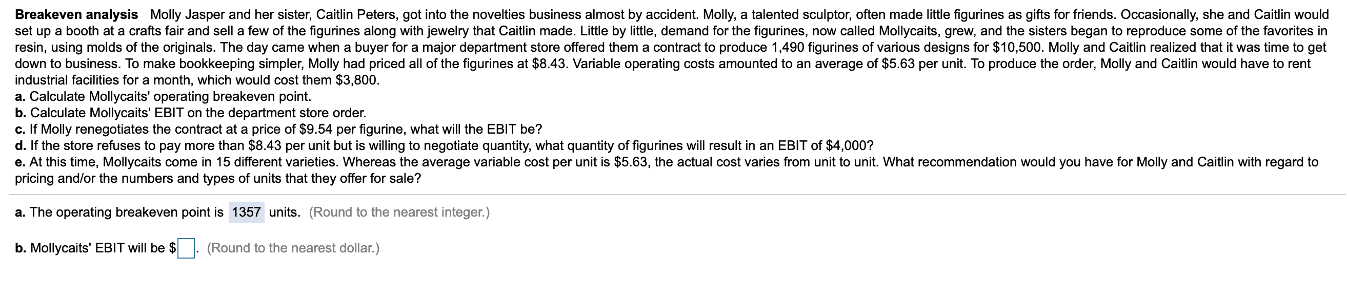 Solved Breakeven analysis Molly Jasper and her sister, | Chegg.com