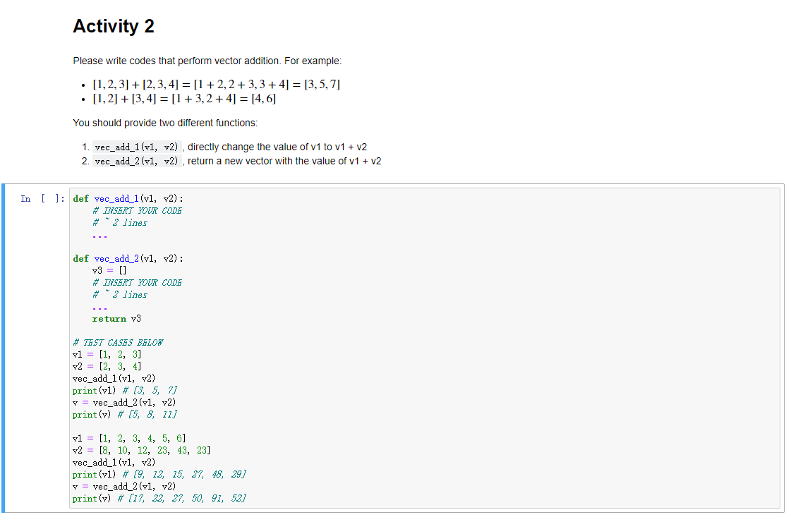 Solved Please write codes that perform vector addition. For | Chegg.com