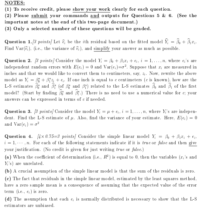 NOTES: (1) To receive credit, please show your work | Chegg.com