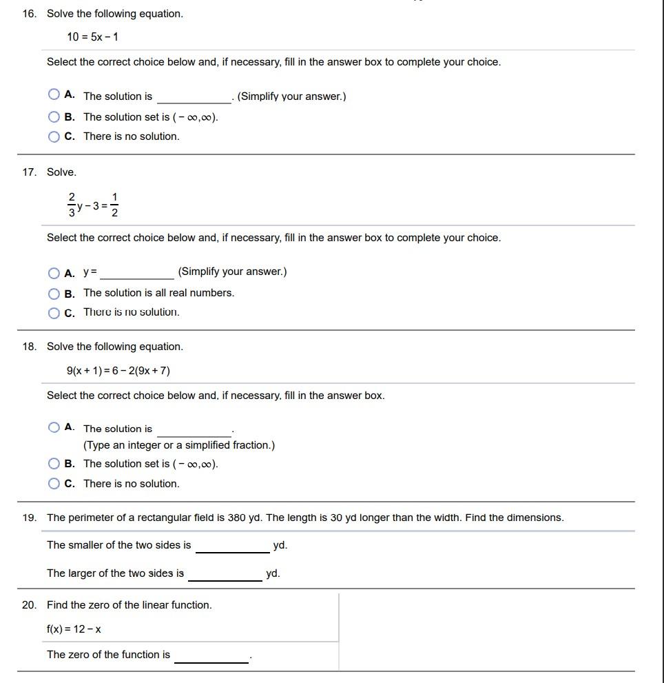 Solved 16. Solve the following equation. 10 = 5x - 1 Select | Chegg.com