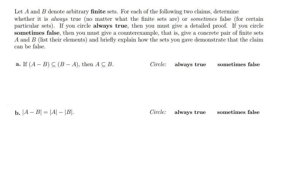 Solved Let A And B Denote Arbitrary Finite Sets. For Each Of | Chegg.com