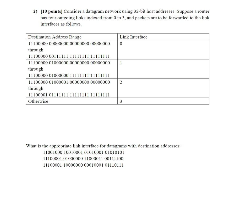 Solved 2) [10 points] Consider a datagram network using | Chegg.com