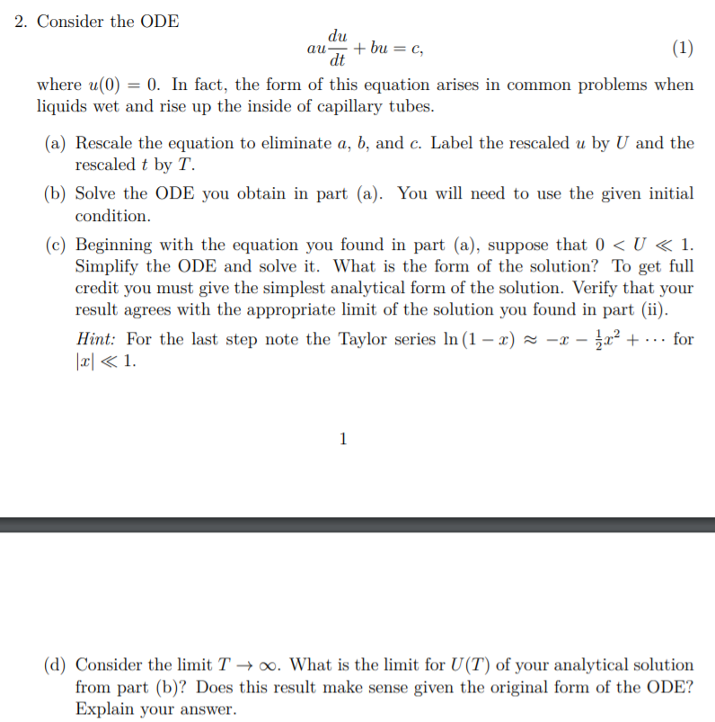 Solved 2 Consider The Ode Du Au Bu C 1 Dt Where Chegg Com