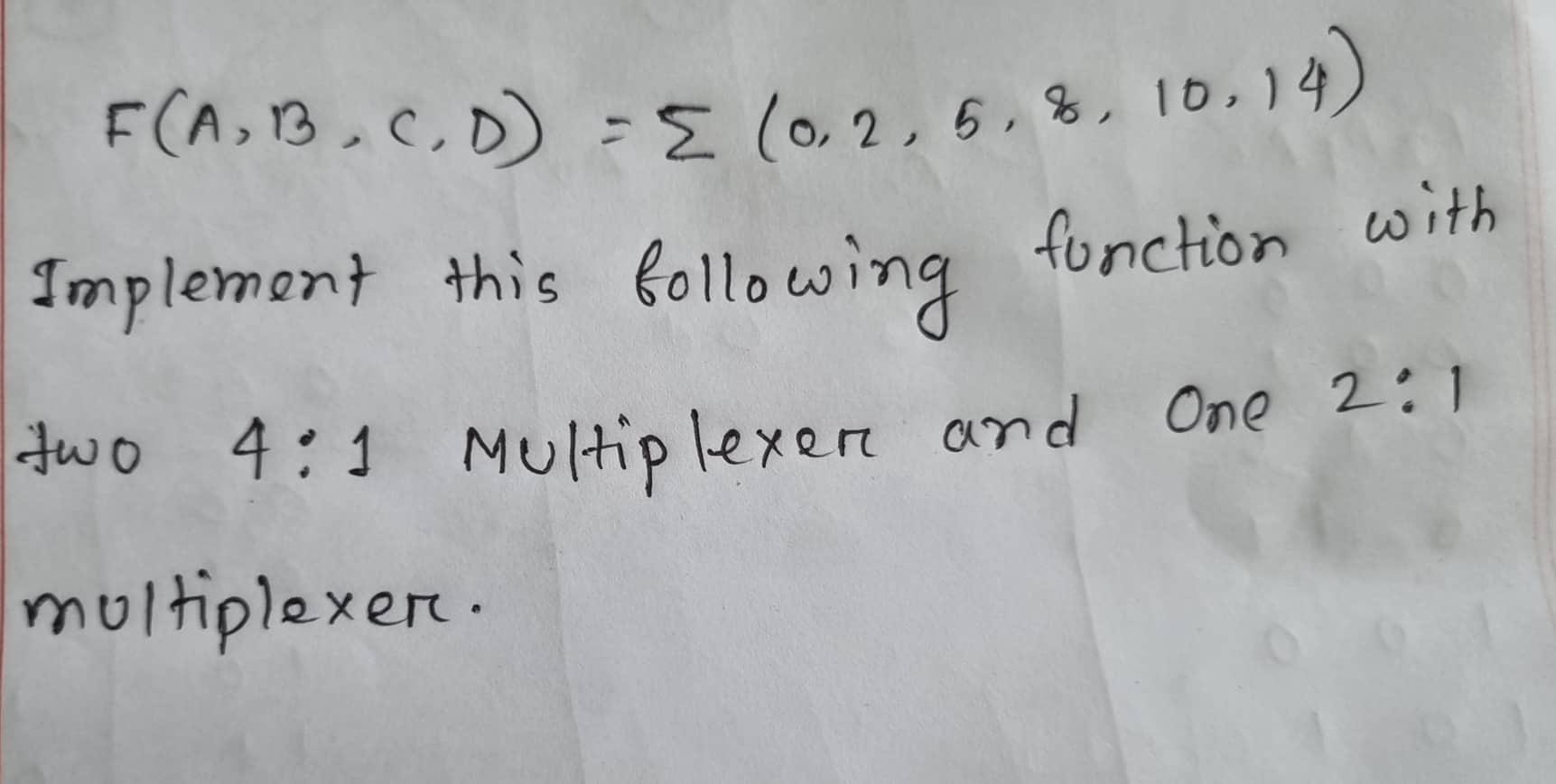 Solved F(A,B,C,D)=∑(0,2,5,8,10,14) Implement This Following | Chegg.com