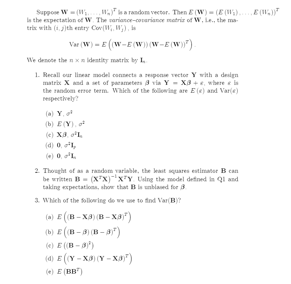 Solved E Wn Suppose W W1 Wn Is A Random Vect Chegg Com