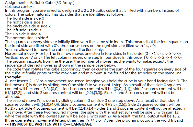Solved Assignment 4-B: Rubik Cube (3D Arrays) Collapse | Chegg.com