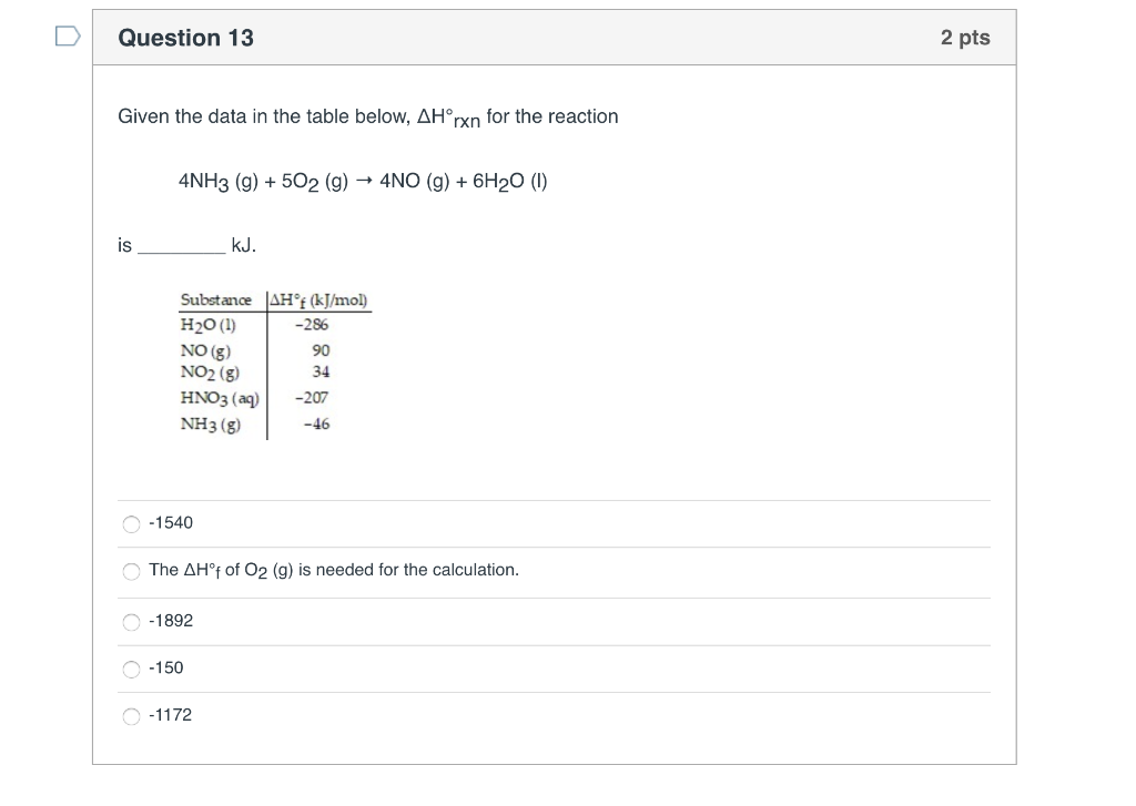 Solved Question 13 2 pts Given the data in the table below, | Chegg.com