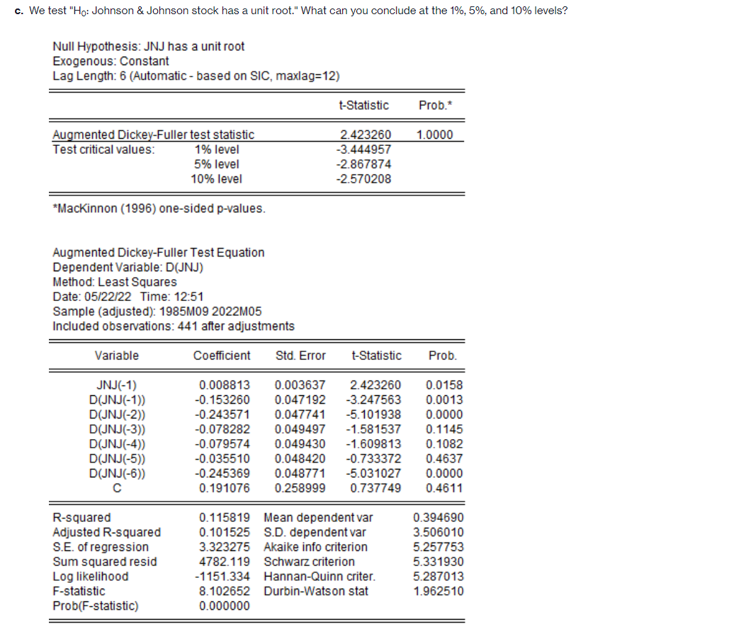 Solved We test " H0 : Johnson \& Johnson stock has a unit | Chegg.com