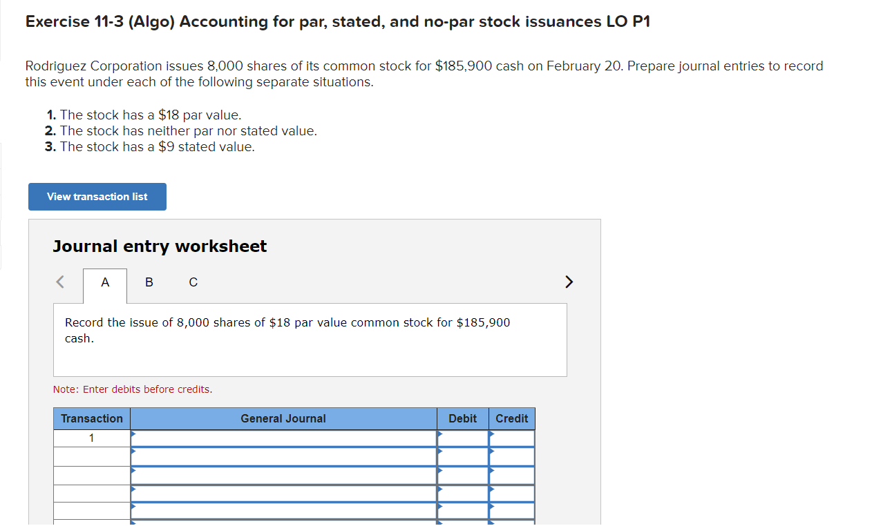 Solved Exercise 11-3 (Algo) Accounting for par, stated, and | Chegg.com