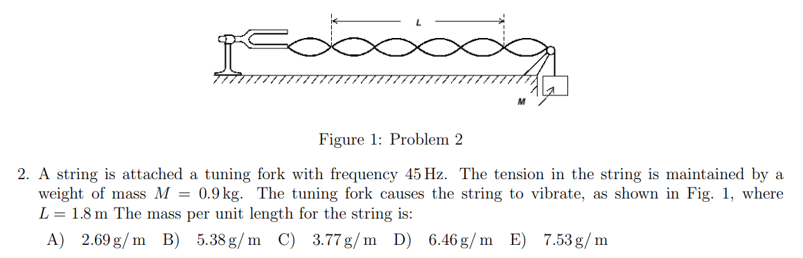 Figure 1: Problem 2
2. A string is attached a tuning fork with frequency \( 45 \mathrm{~Hz} \). The tension in the string is