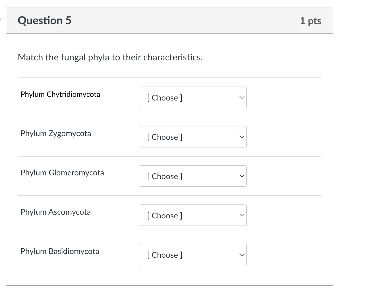 Solved Question 5 1 pts Match the fungal phyla to their | Chegg.com